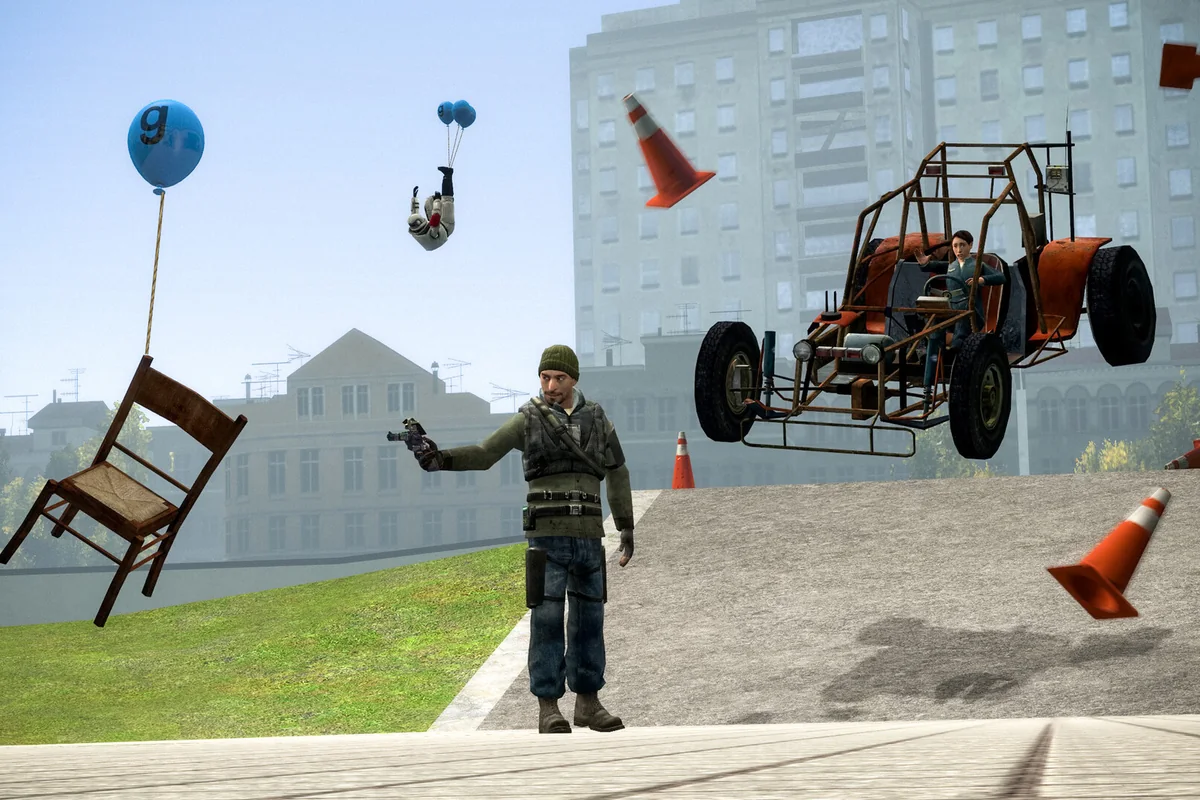 A vehicle and props suspended by balloons in Garry's Mod