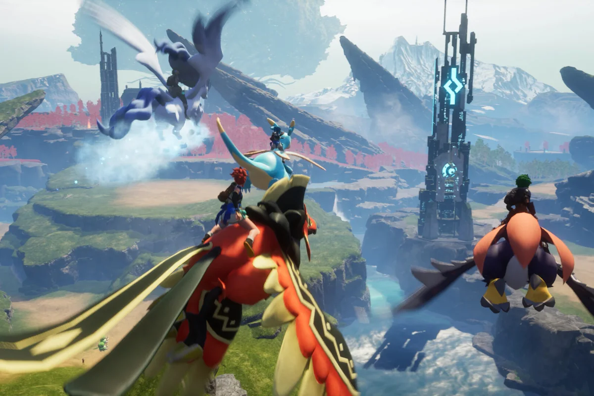 Players riding flying Pals over the Palworld landscape